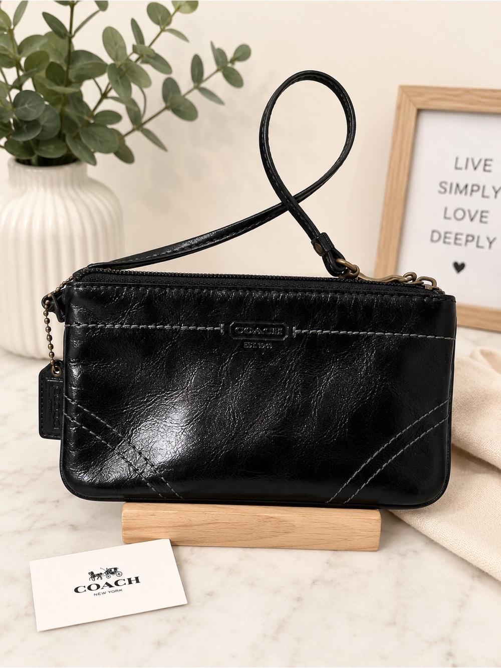 Coach Black Leather Double Zip Wristlet Clutch Gray Stitching Wallet Pouch